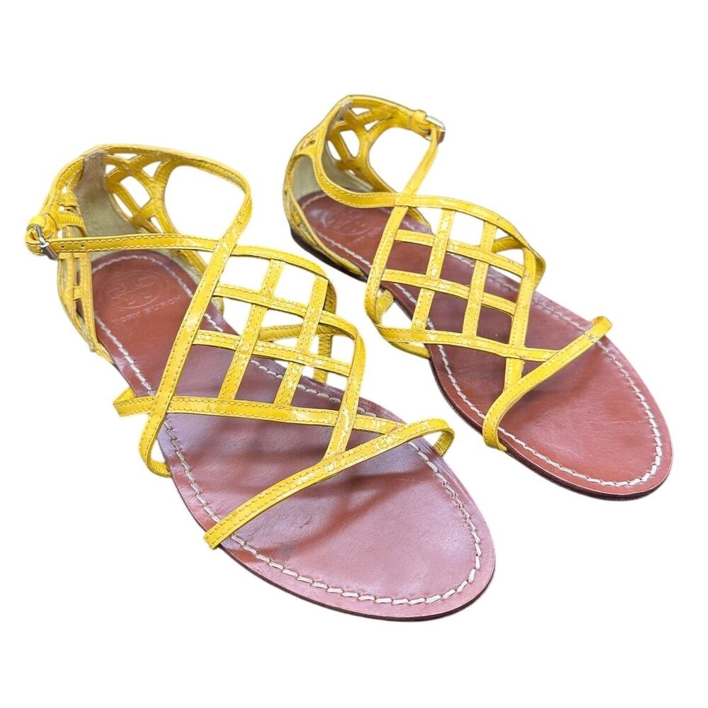 Tory Burch Amalie Flat Sandal HOT Color Season 8 Yellow Leather Open Toe Summer - Picture 2 of 8